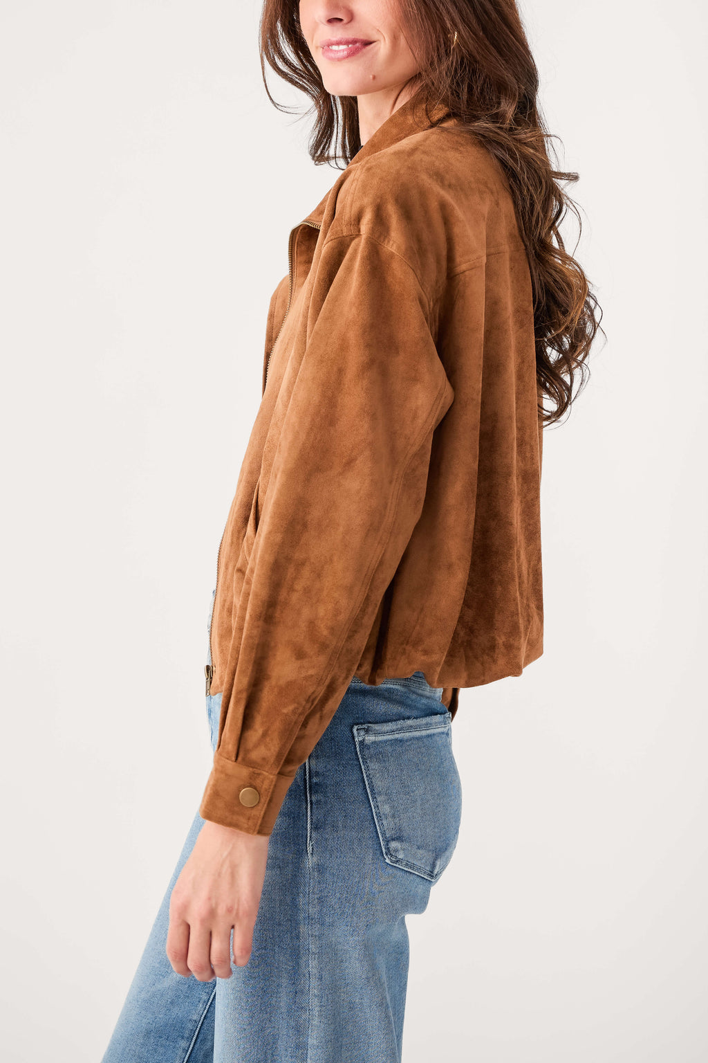 Saddle suede bubble-hem jacket with button front and long sleeves