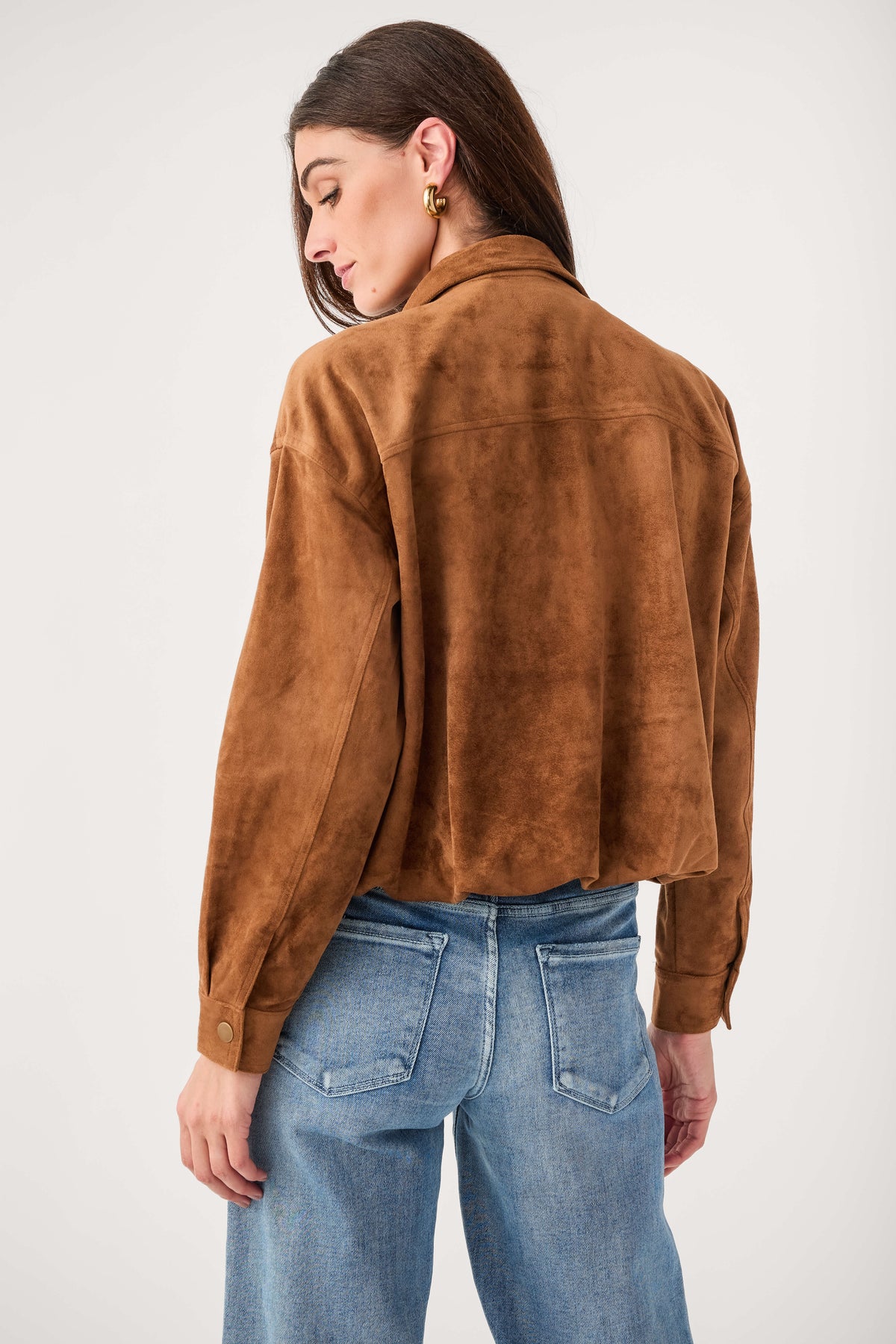 Saddle suede bubble-hem jacket back view with collar and button front