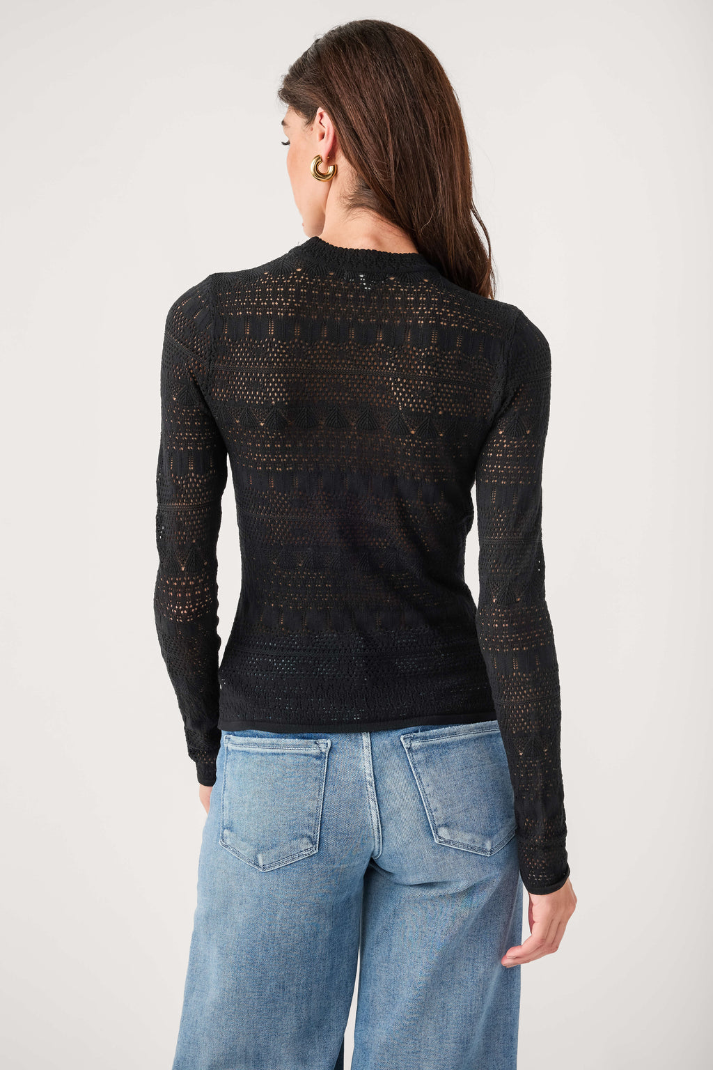 Black knit sweater top back view with perforated lace texture and long sleeves