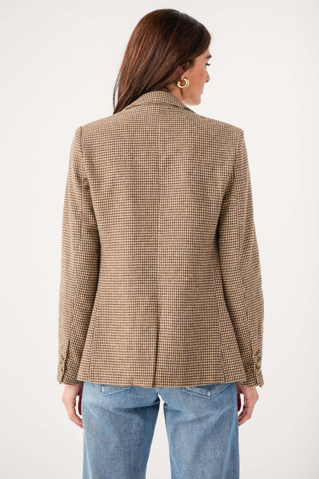 Back view of brown check blazer with center seam and long sleeves
