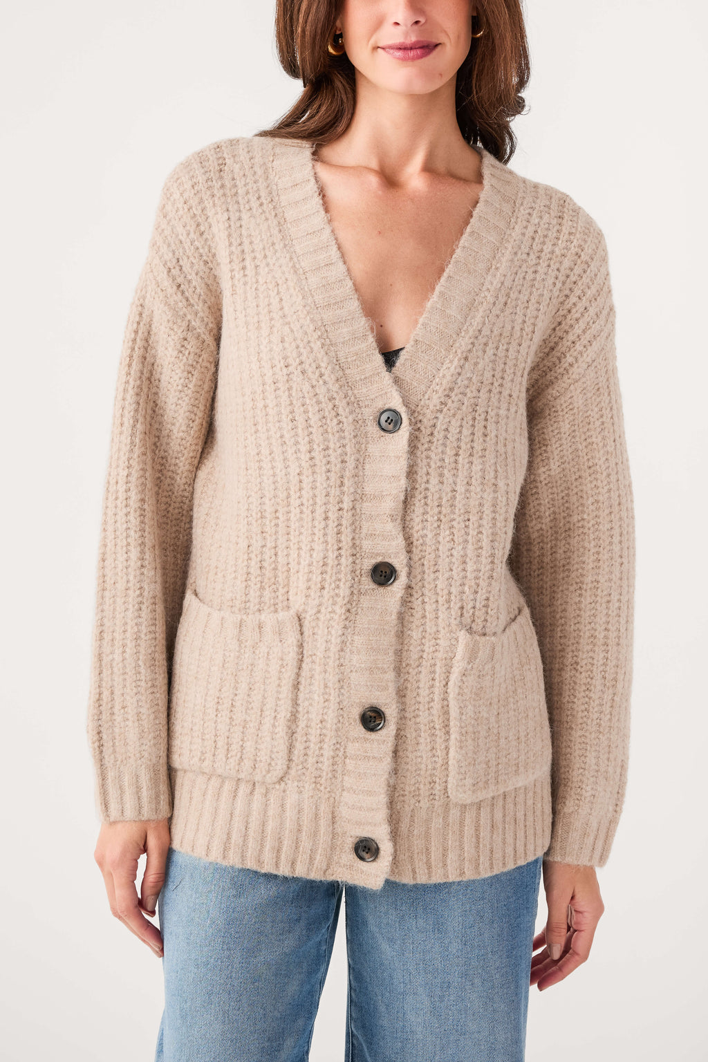 Light khaki button-front cardigan with V-neck and two patch pockets