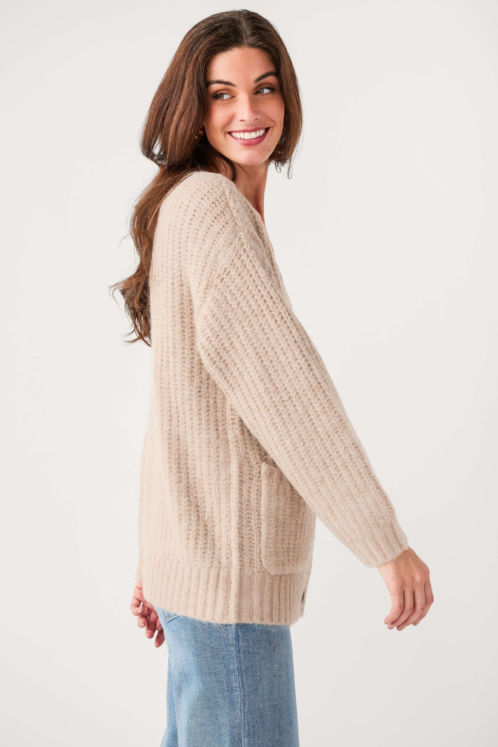 Light khaki V-neck cardigan with long sleeves and ribbed trim