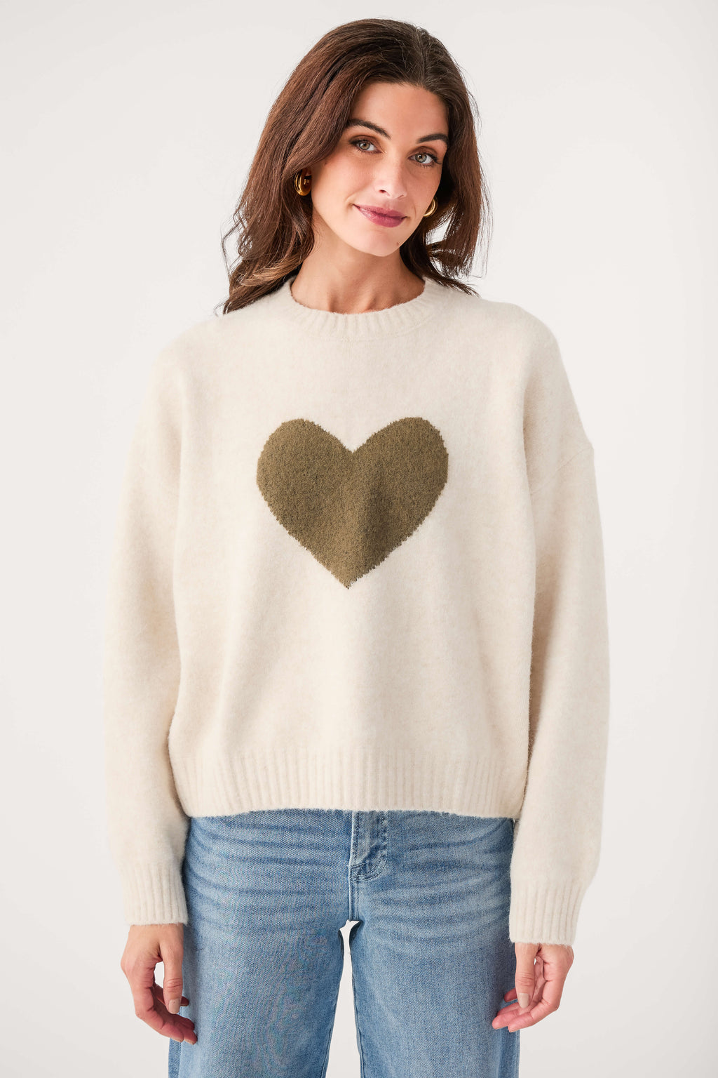 Cream knit sweater with dark olive heart graphic and crew neckline