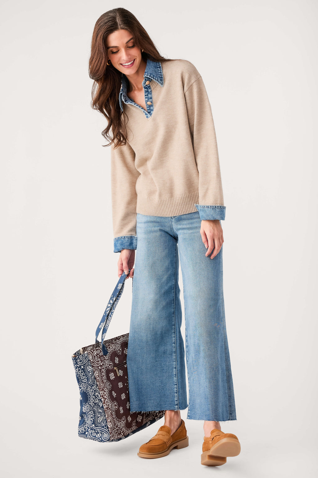 Khaki polo knit sweater with contrast blue denim-style collar and cuffs, long sleeves