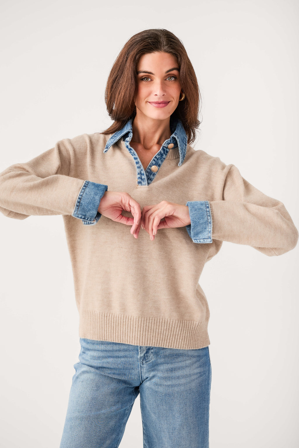 Khaki polo knit sweater with contrast blue collar and cuffs, ribbed hem, long sleeves