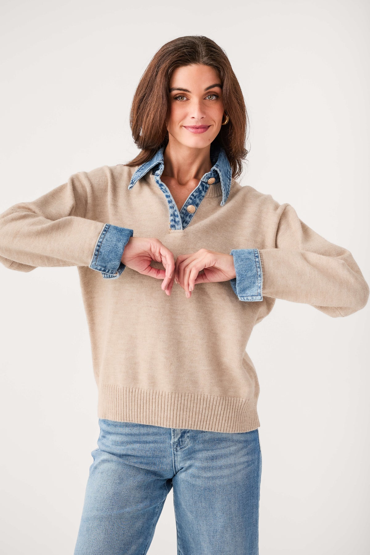 Khaki polo knit sweater with contrast blue collar and cuffs, ribbed hem, long sleeves