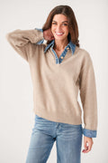 Khaki polo knit sweater with contrast blue polo collar and cuffs, long sleeves