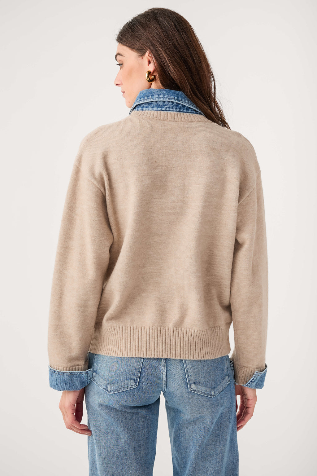 Khaki polo knit sweater with contrast blue collar and cuffs, back view, long sleeves