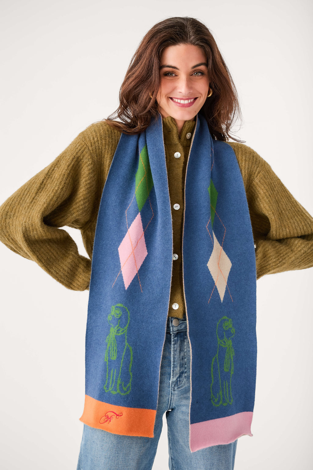FRNCH Shiba scarf, blue argyle diamonds with green dog graphics and pink hem