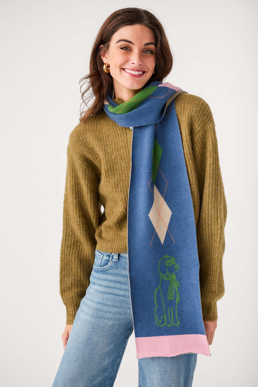 FRNCH Shiba scarf in blue with diamond pattern, green dog print, pink edge