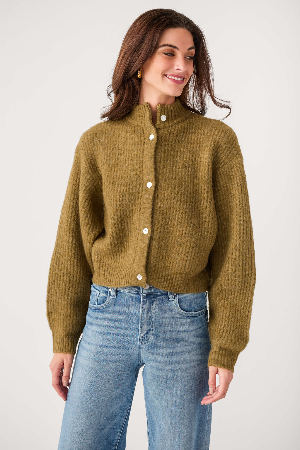 Olive button-front knit cardigan with stand collar and long sleeves
