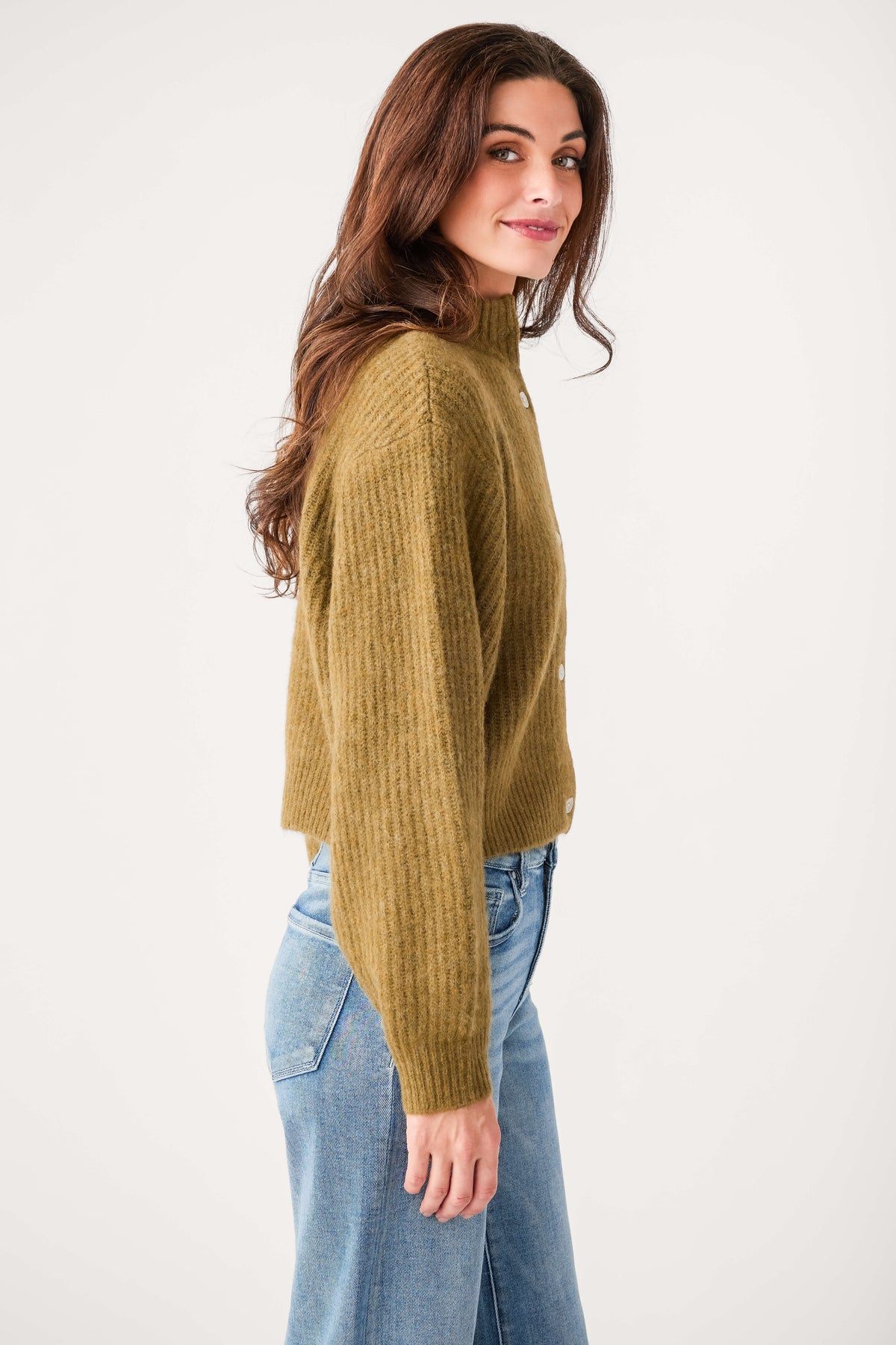 Olive knit balloon cardigan with long sleeves and button placket