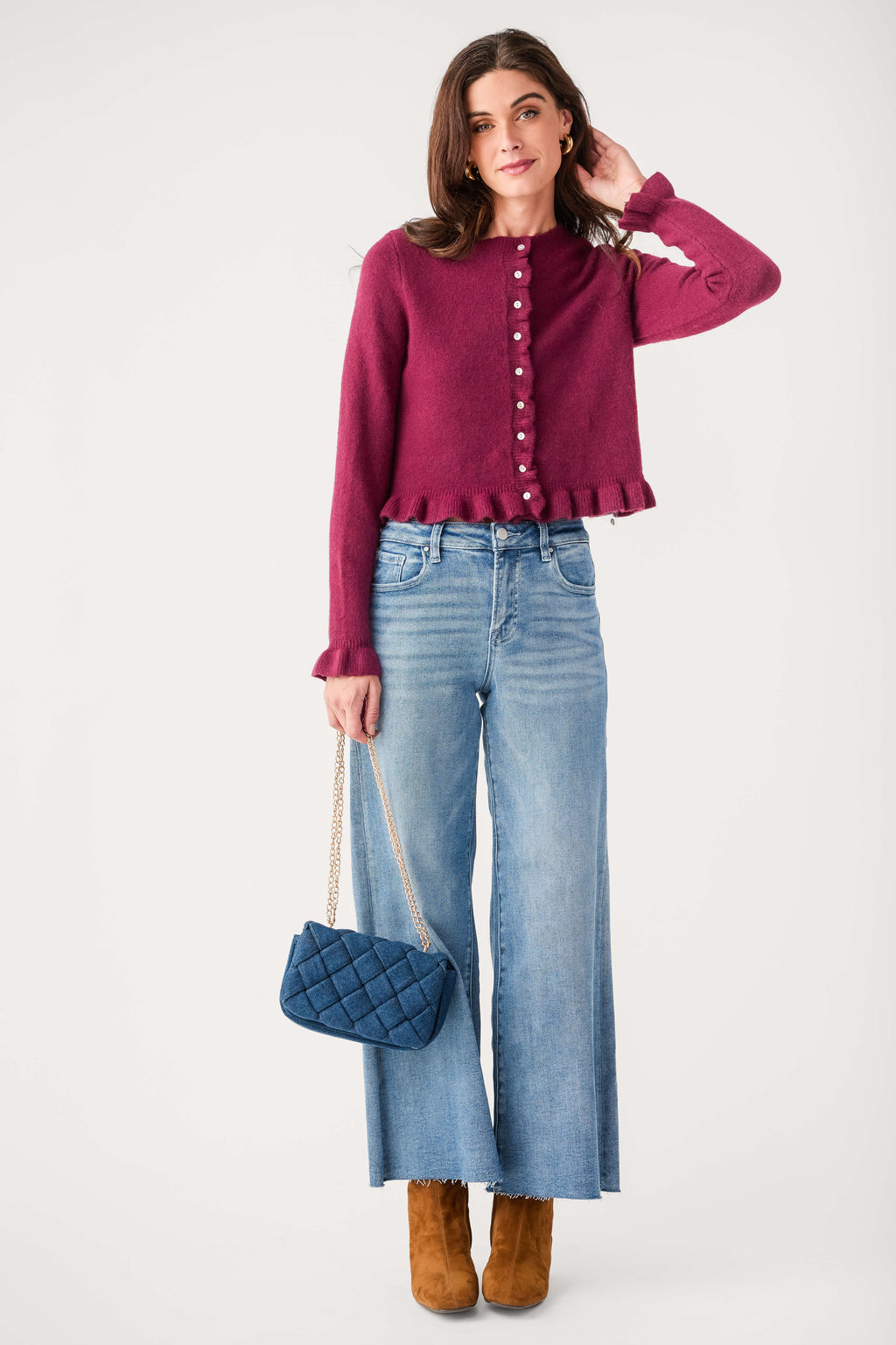 Wine ruffle-hem cardigan sweater with button front and long sleeves
