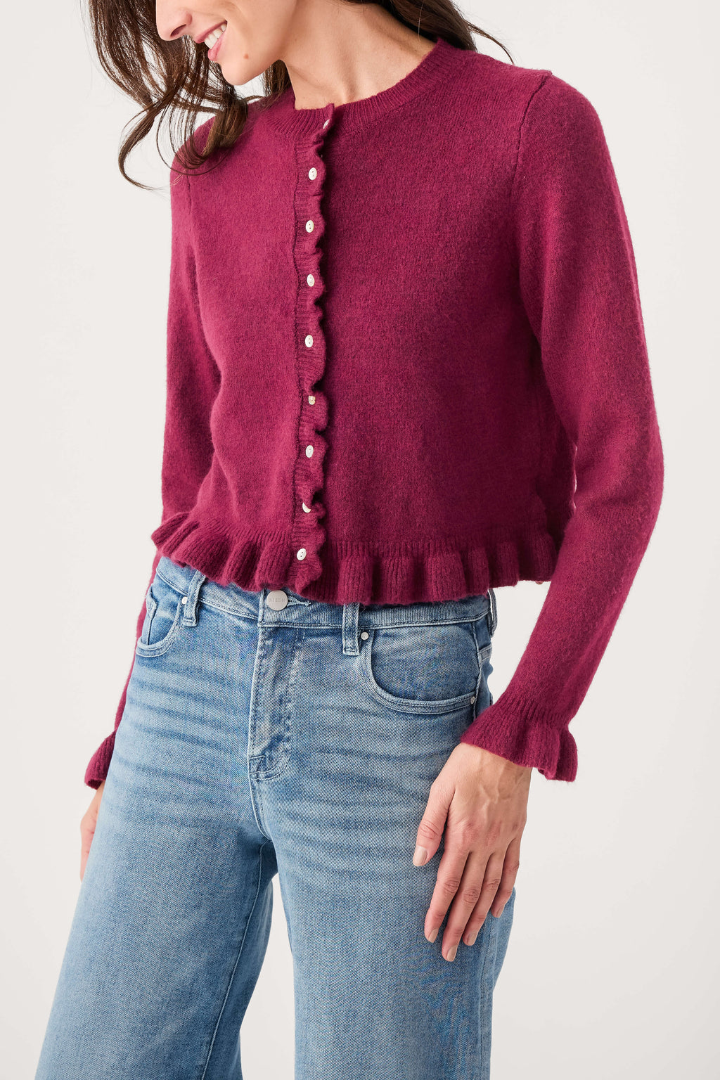 Wine button-front cardigan with ribbed hem and textured long sleeves
