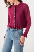 Wine button-front cardigan with ribbed hem and textured long sleeves