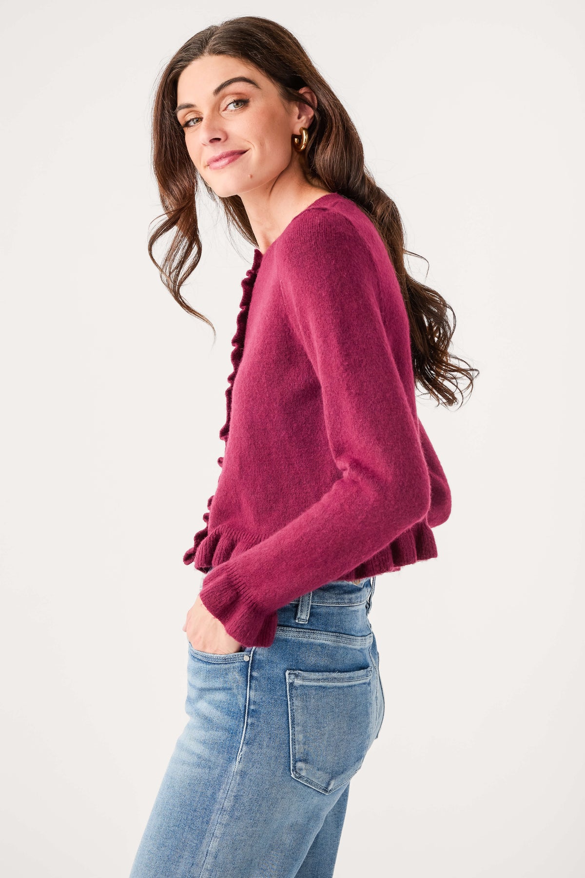 Wine ruffle-trim cardigan with button placket and cropped hem