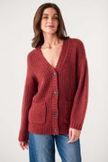 Red V-neck cardigan with button front and two chest patch pockets