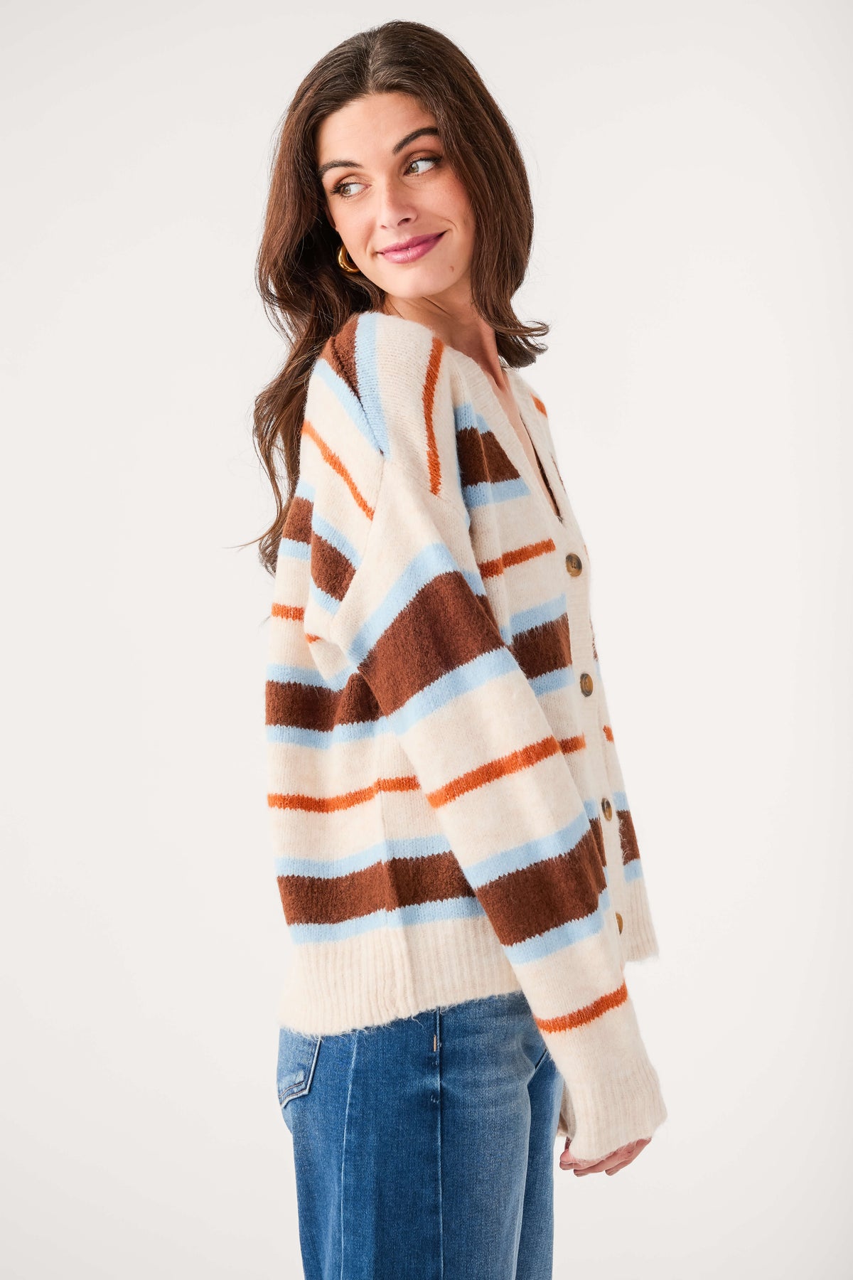 Striped cardigan with long sleeves and V-neck, cream with brown, blue, and orange horizontal stripes