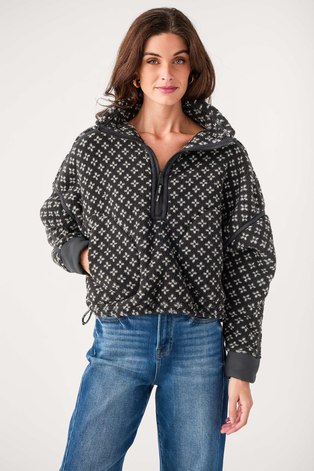 Black printed half-zip hoodie with front zipper and ribbed hem cuffs