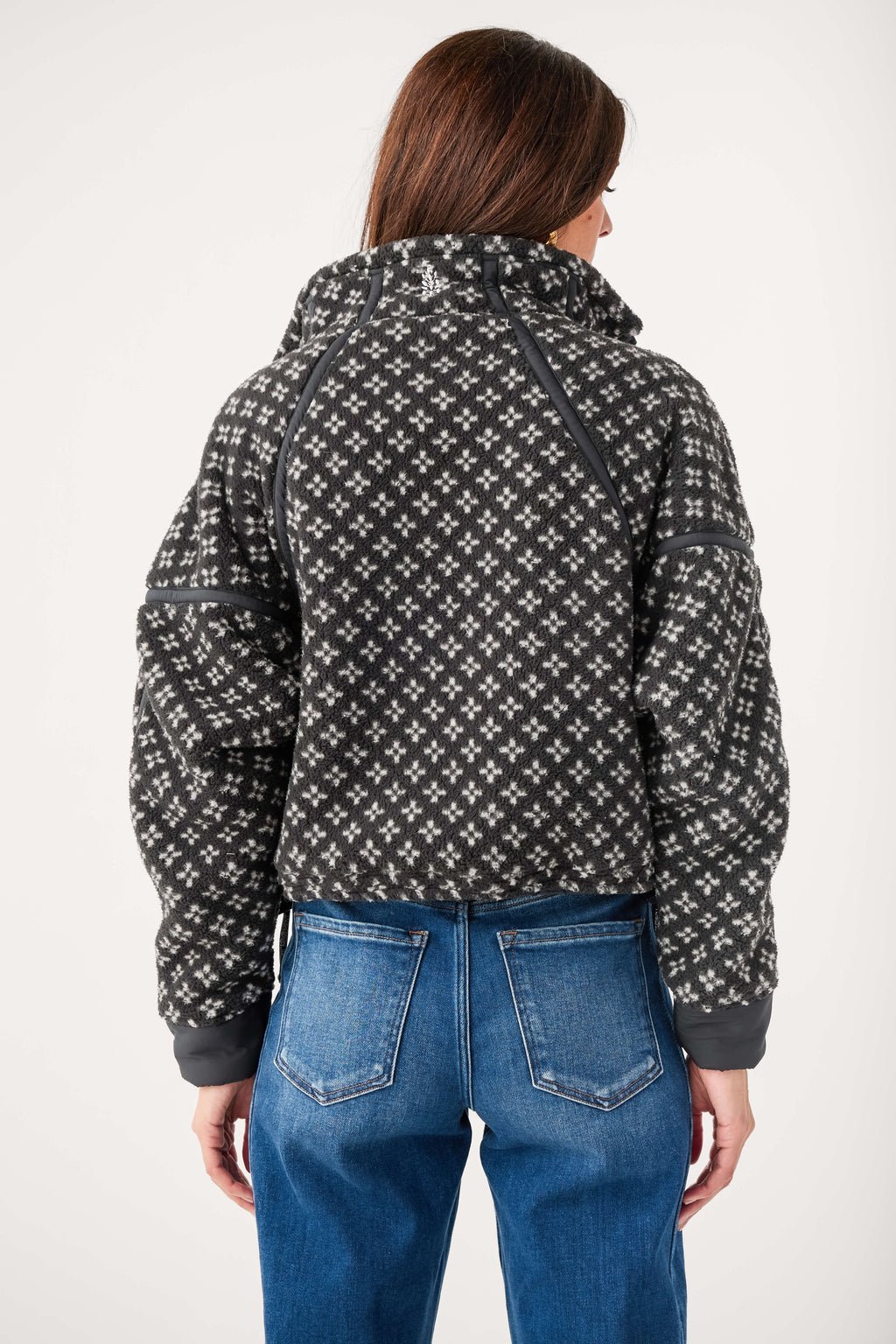 Black printed half-zip hoodie, back view with hood and zipper detail