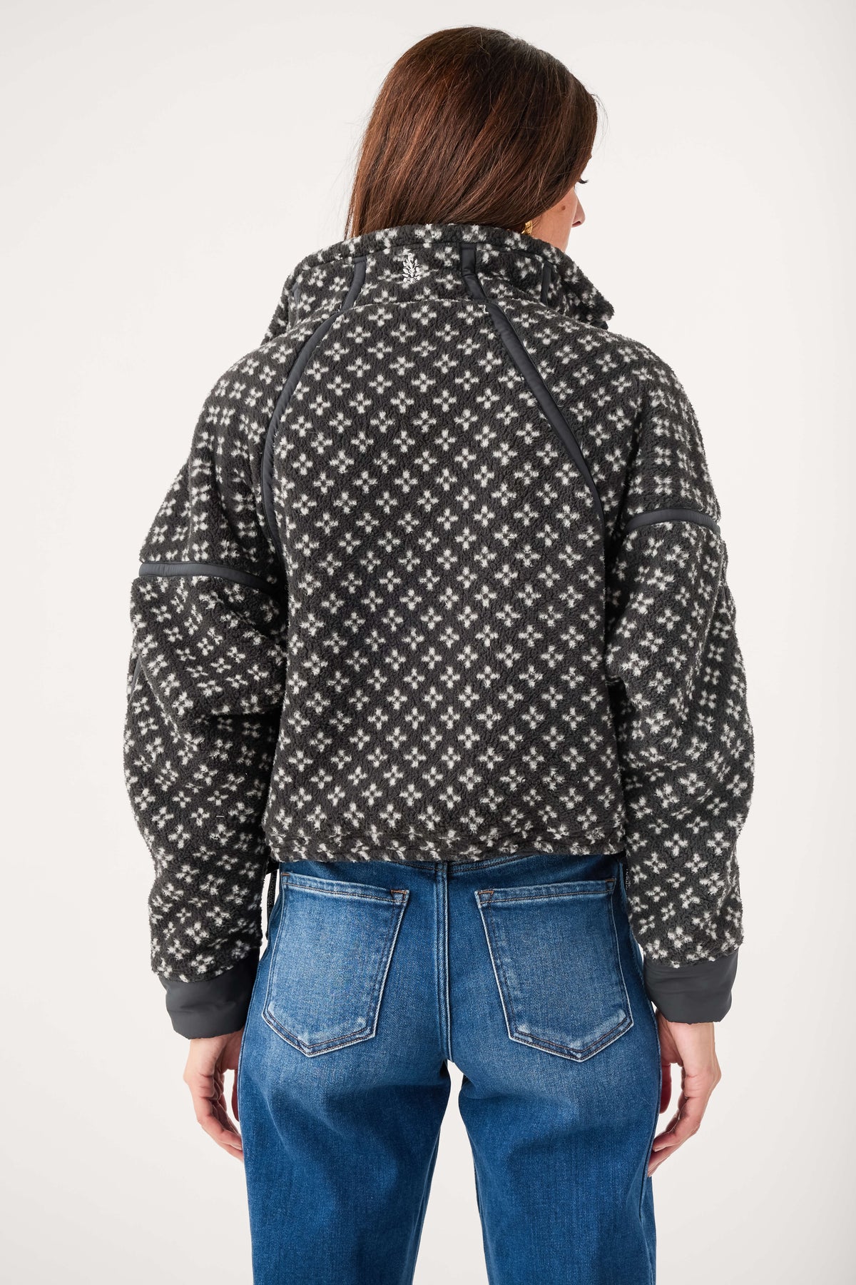 Black printed half-zip hoodie, back view with hood and zipper detail