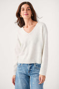 Light gray V-neck sweater knit top with ribbed cuffs and hem
