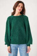 Forest green raglan sleeve pullover sweater with crew neck and ribbed hem