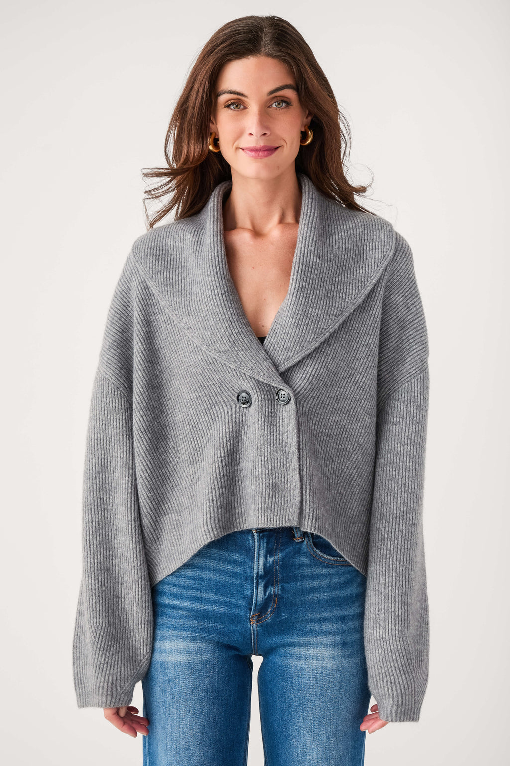 Heather grey shawl-collar cardigan with button front and textured knit