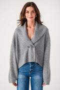 Heather grey shawl-collar cardigan with button front and textured knit