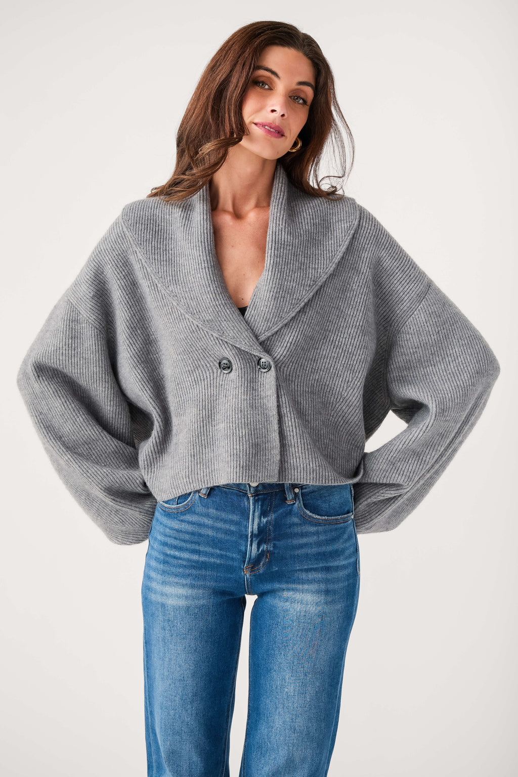 Heather grey shawl-collar cardigan with button placket and relaxed fit sleeves
