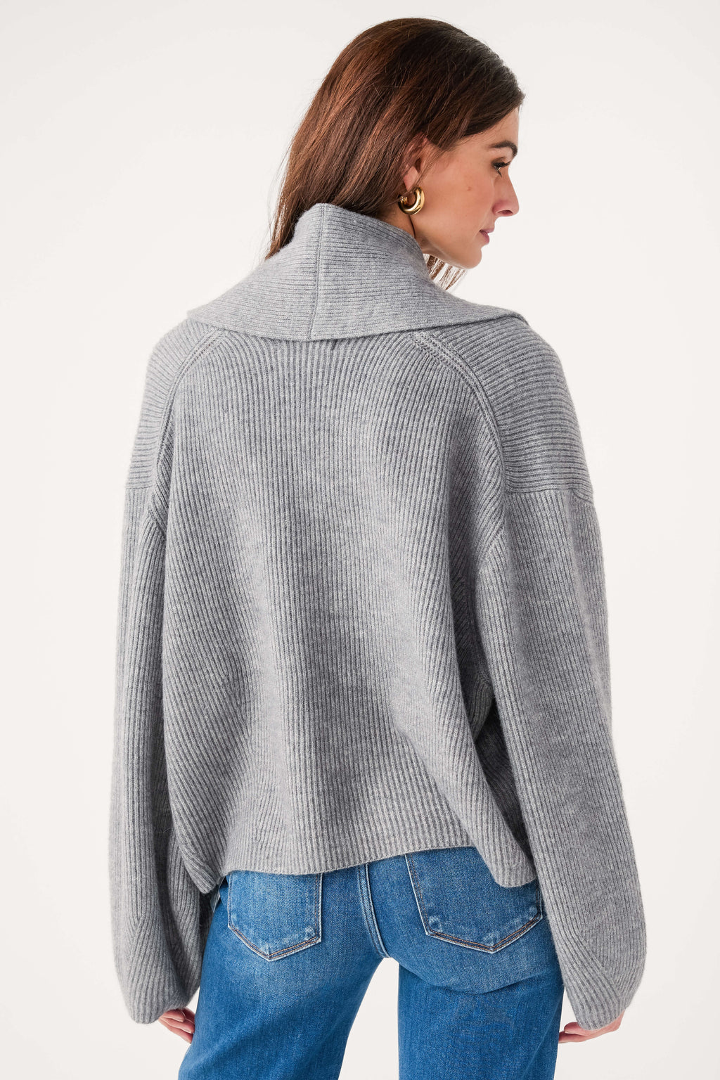 Heather grey shawl-collar cardigan back view with ribbed knit texture