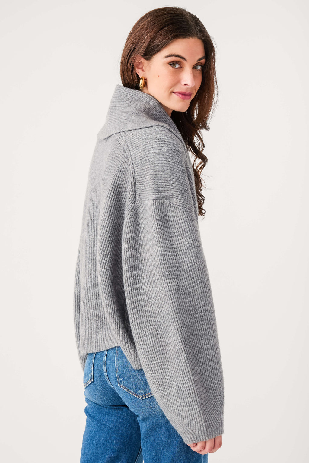 Heather grey shawl-collar cardigan side profile with cuffed long sleeves
