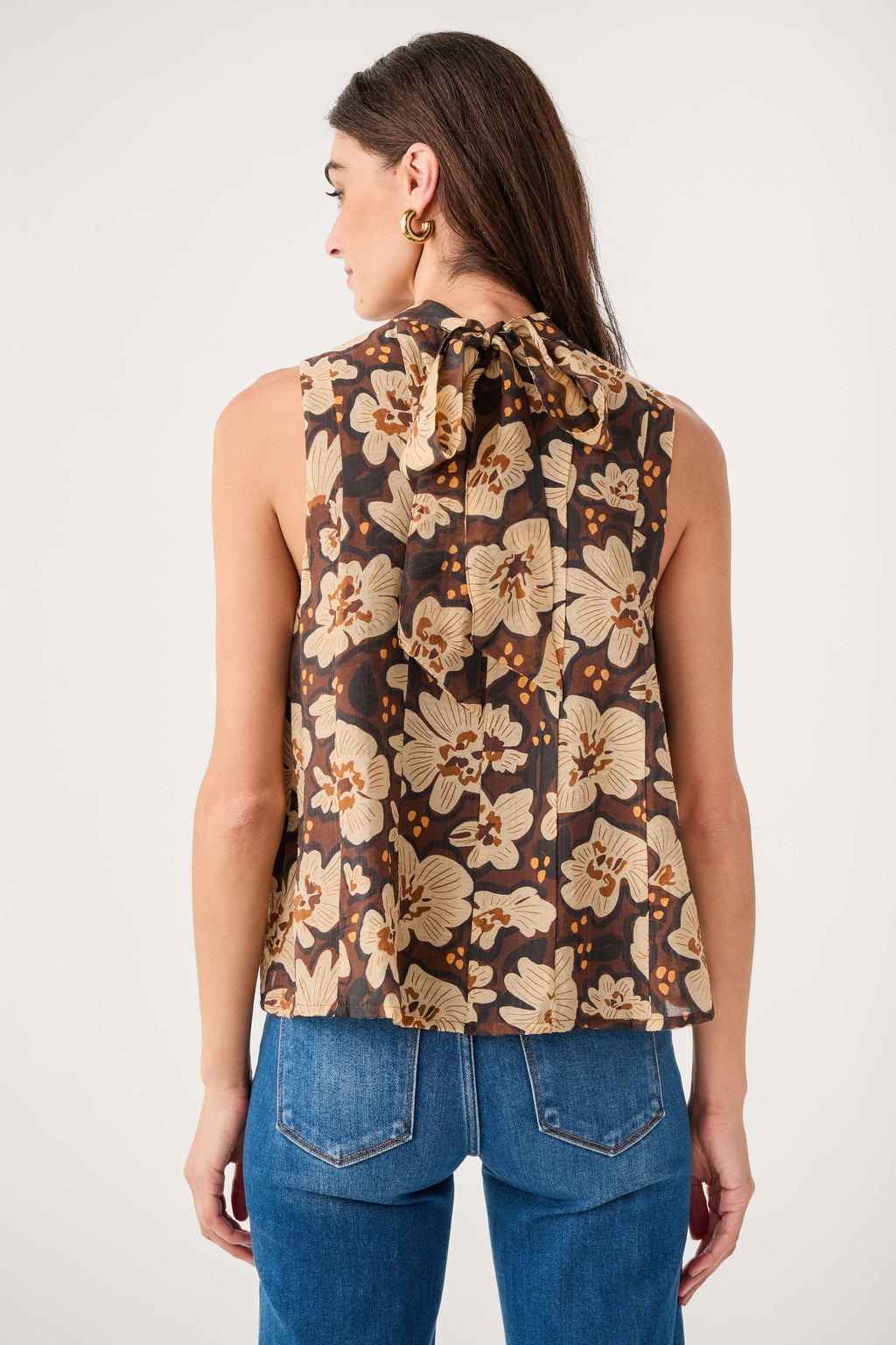 Brown floral sleeveless tie top, back view with neck tie detail
