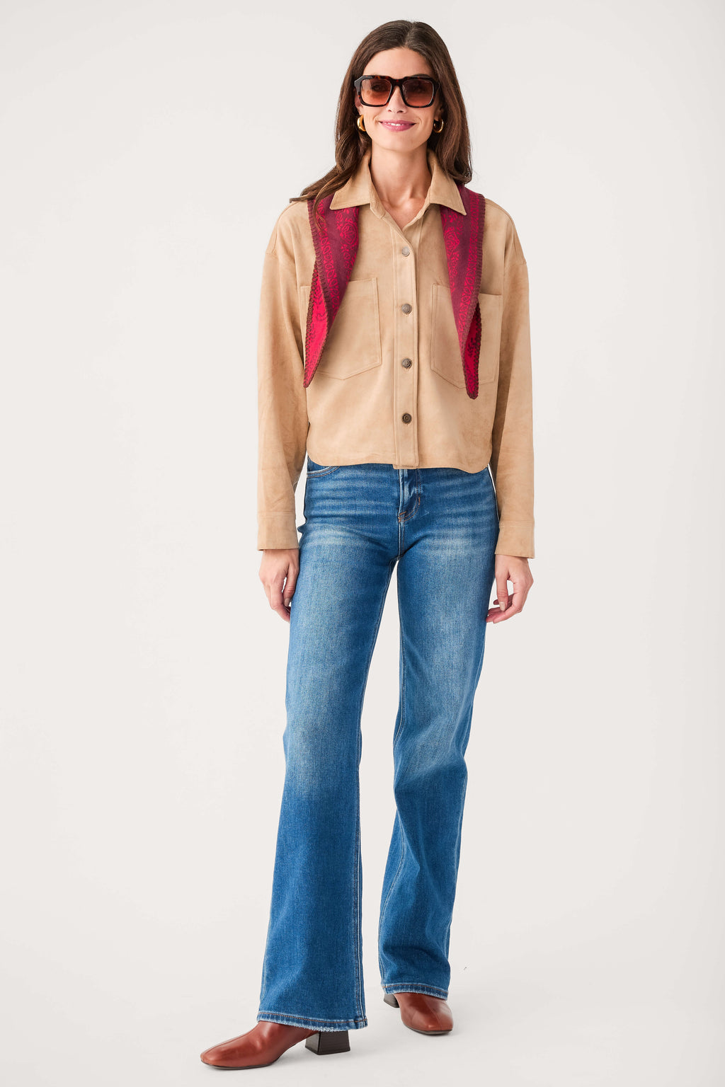 Light sand cropped suede jacket with snap buttons and two chest pockets