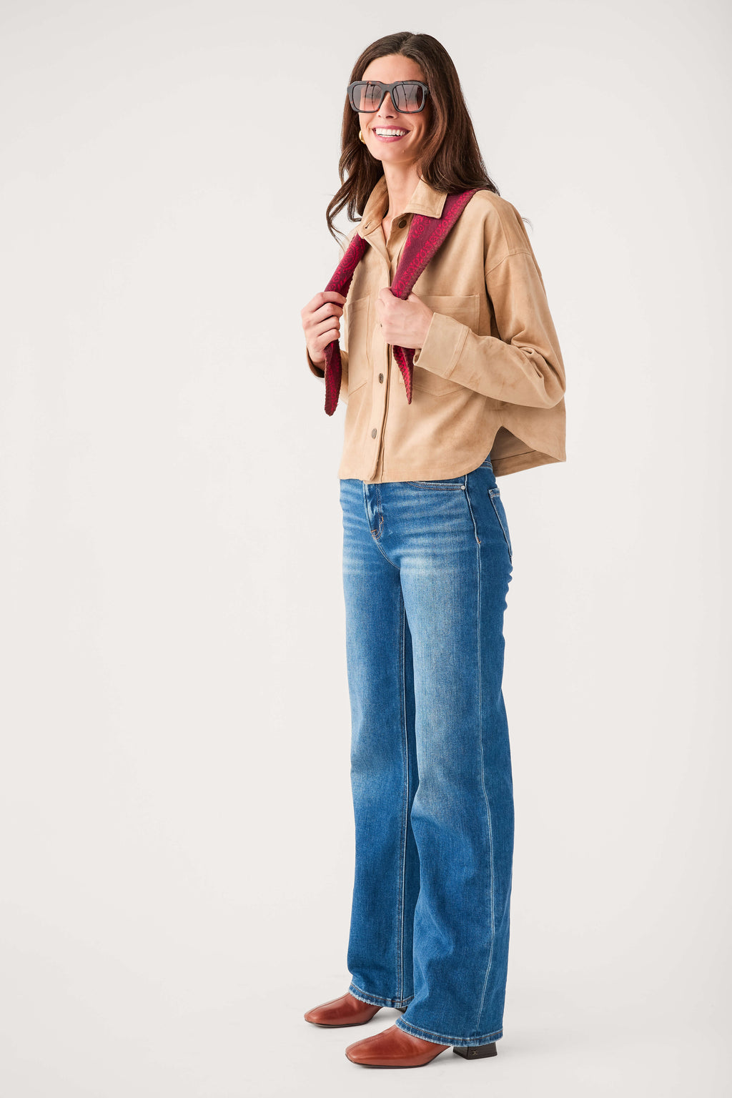 Light sand cropped suede jacket with flap chest pockets, worn open