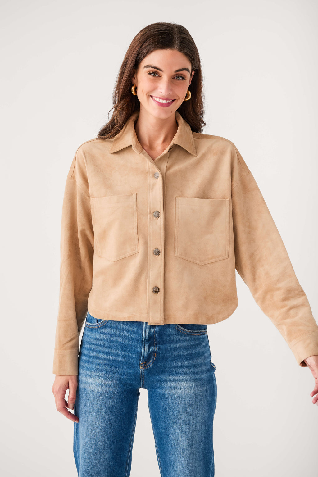 Light sand cropped suede jacket with collar and snap front, two chest pockets