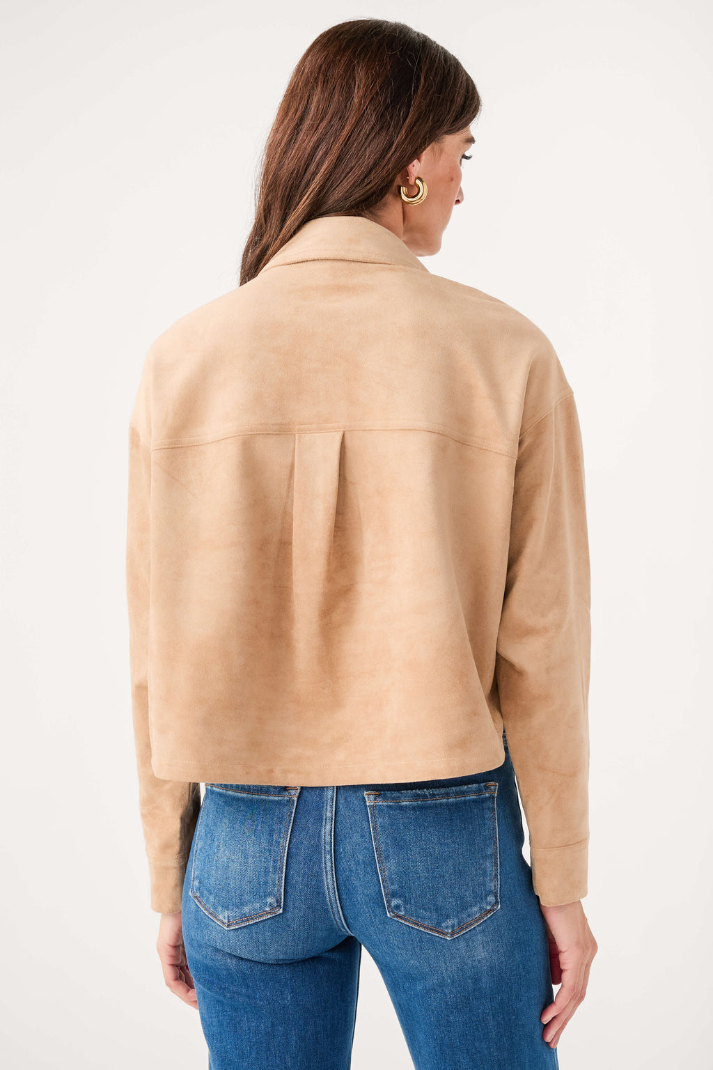 Light sand cropped suede jacket back view with yoke seam