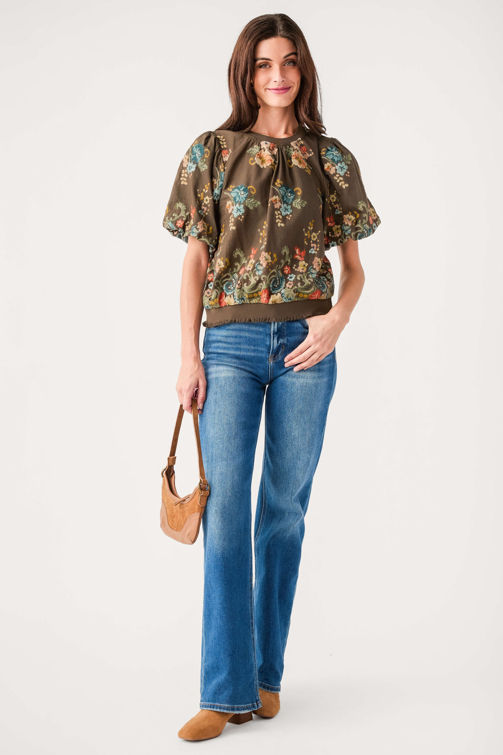 Dark brown embroidered floral top with puff sleeves and round neckline