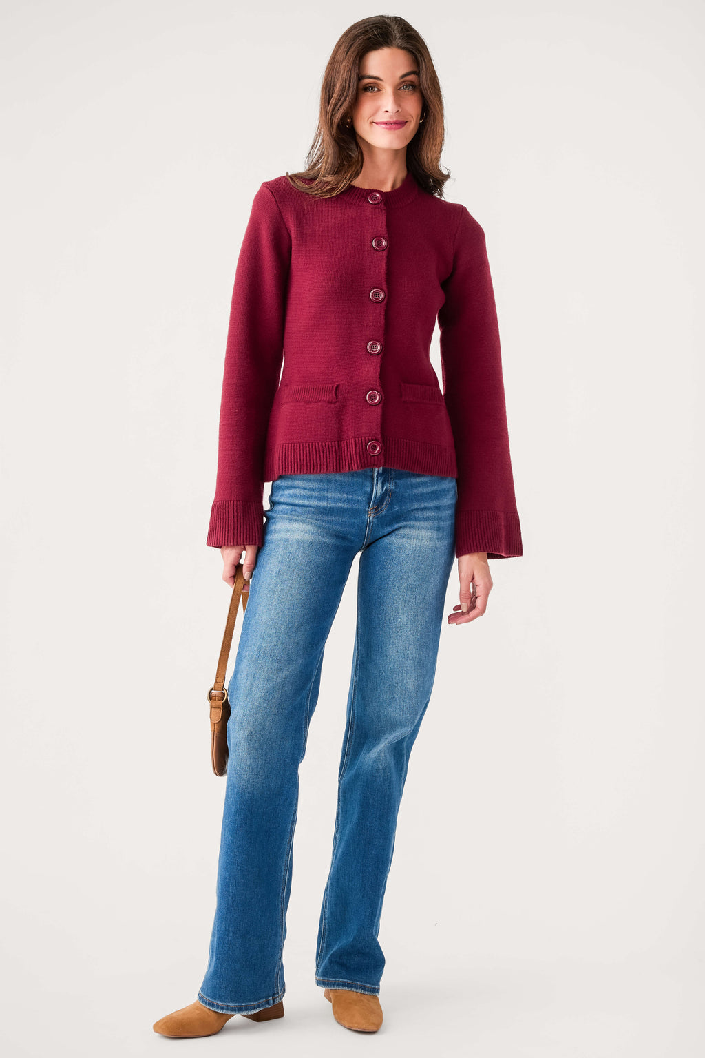 Burgundy fitted cardigan with button front and bell sleeves