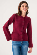Burgundy fitted cardigan with button front, ribbed cuffs, and front pocket