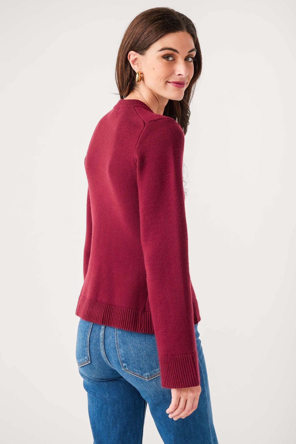 Burgundy fitted cardigan, side view with ribbed hem and cuffs