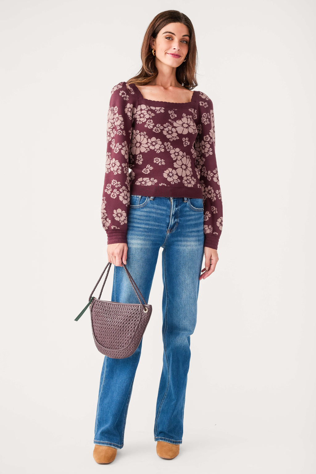 Eggplant floral square-neck sweater, long sleeves