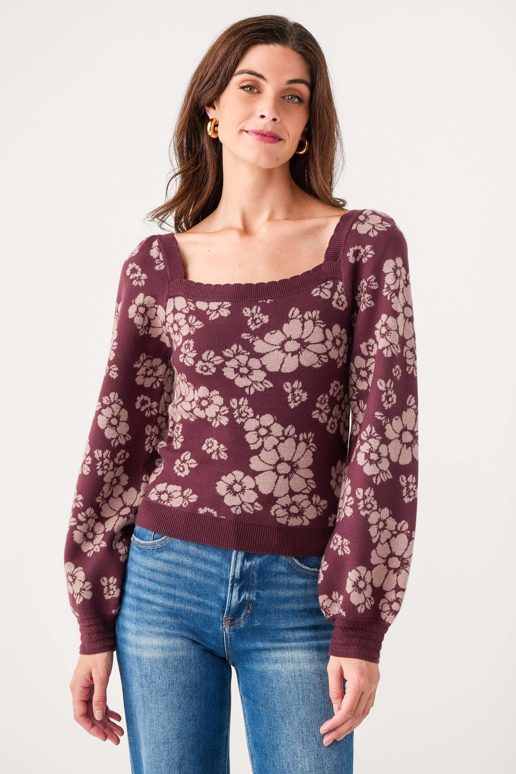 Eggplant floral square-neck sweater with patterned long sleeves