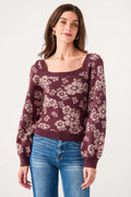 Eggplant floral square-neck sweater with patterned long sleeves