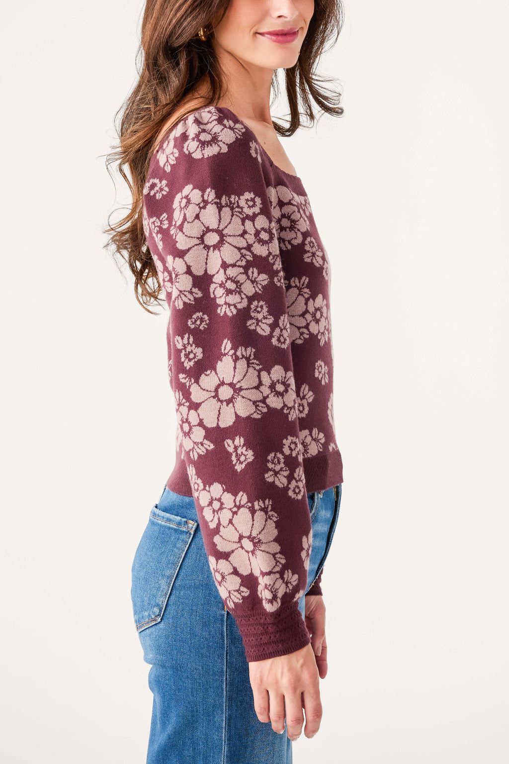 Eggplant floral square-neck sweater with long sleeves, side profile