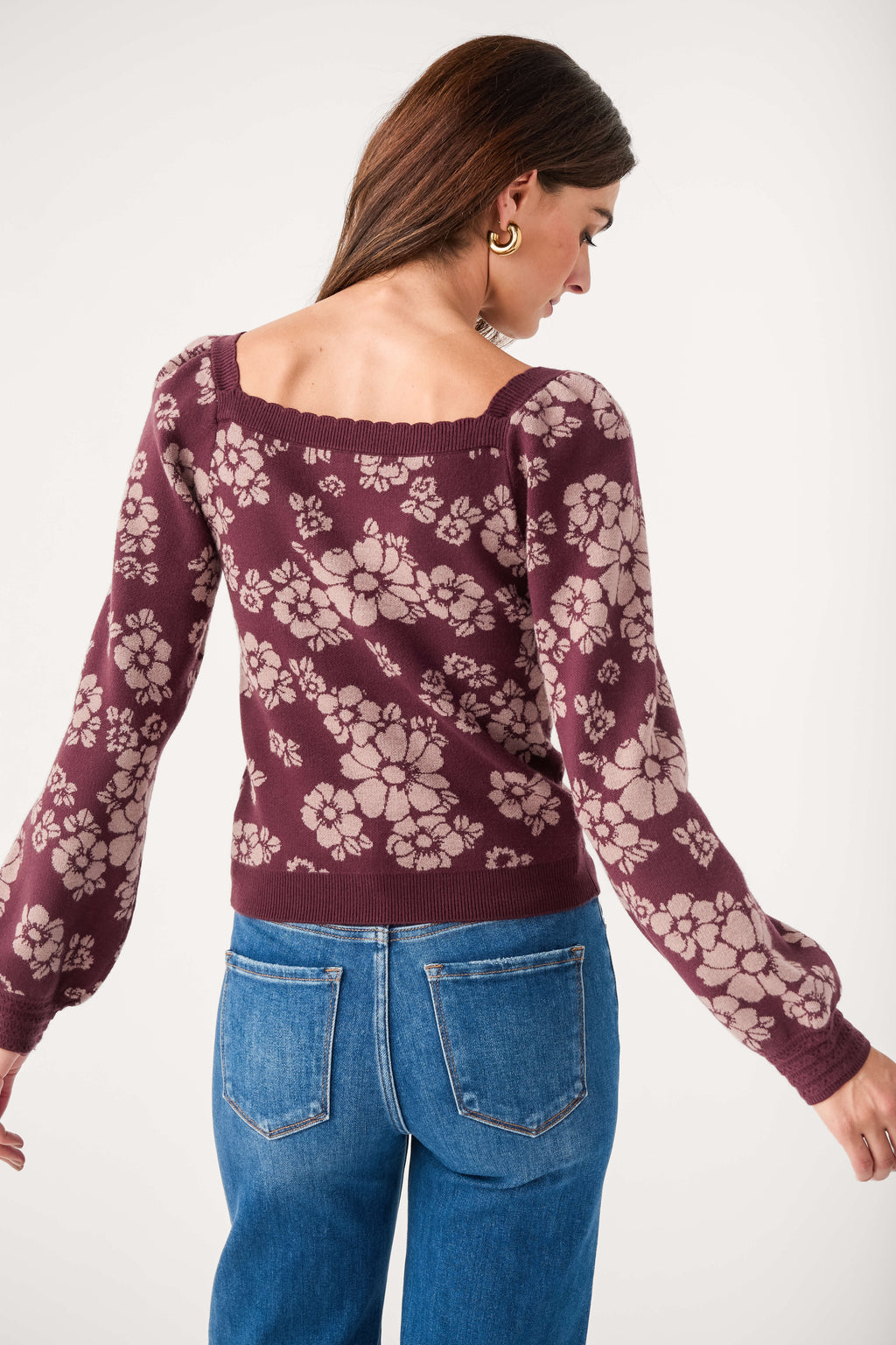 Eggplant floral square-neck sweater, back view with long sleeves