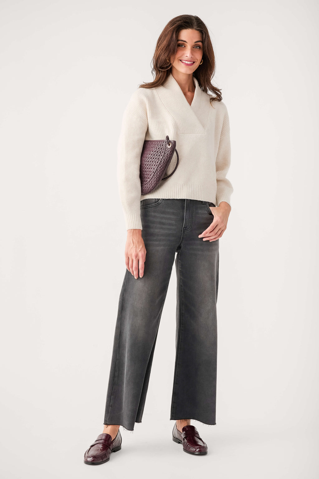 Cream shawl-collar V-neck knit sweater, ribbed cuffs and hem