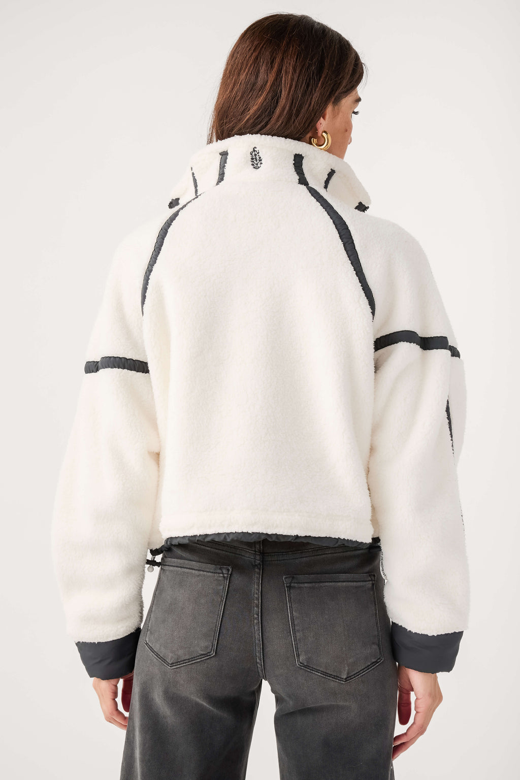 White fleece 1/2-zip pullover back with dark contrast yoke and graphic ear details