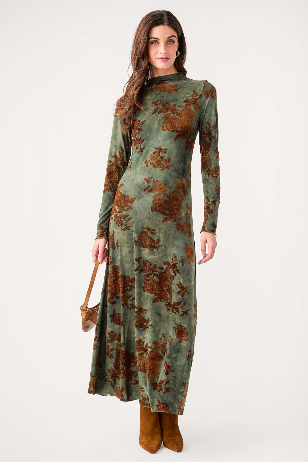 Floral mesh midi dress, long sleeves, high neckline, dark green with rust print