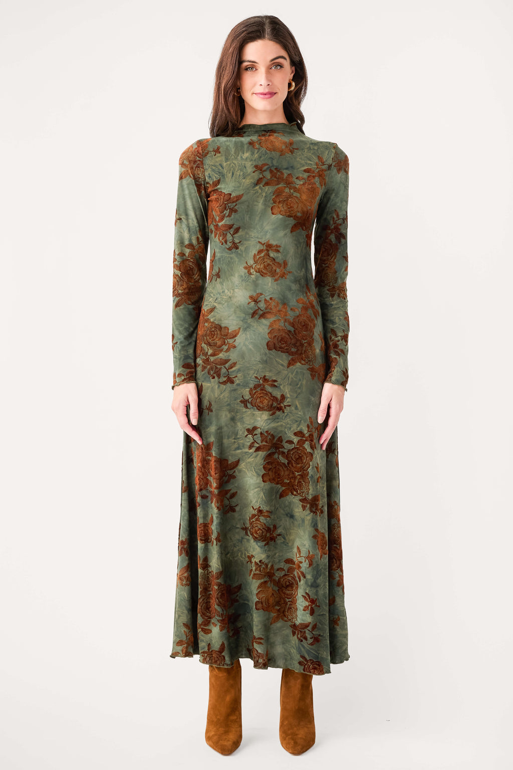 Floral mesh midi dress with long sleeves and high neckline, dark green rust pattern